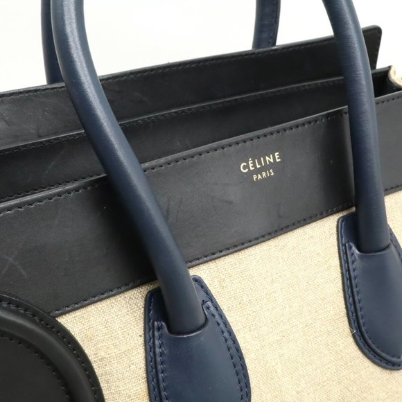 CELINE Luggage Shopper Tote Bag Handbag Linen Leather Beige Black Navy 165212 - Picture 10 of 10